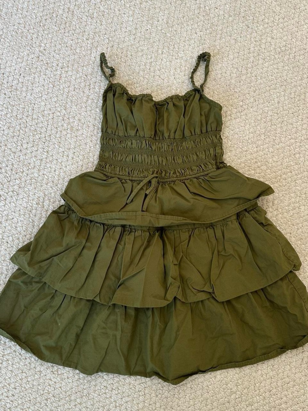 Aritzia Olive Green Tiered Smocked Mini Dress